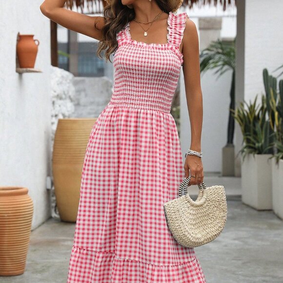 Multicolor Boho Women's Elegant Houndstooth Print Dress With Spaghetti Straps - Picture 4 of 7